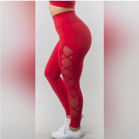 BuffBunny | Red Cross My Heart Leggings Mesh Panel Criss Cross Size Medium - Picture 3 of 8